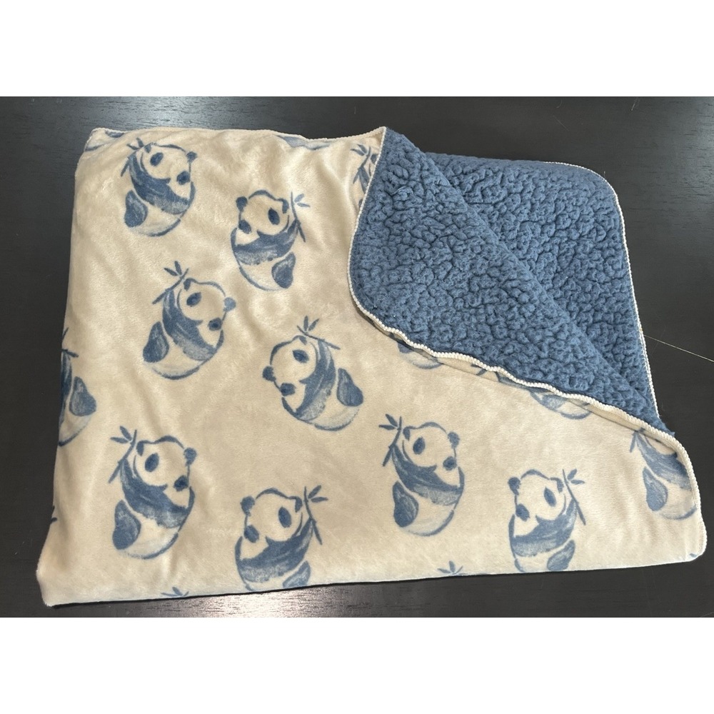 Carters Blue Panda Bears Baby Blanket Plush Blue Sherpa Backing Soft 36x32